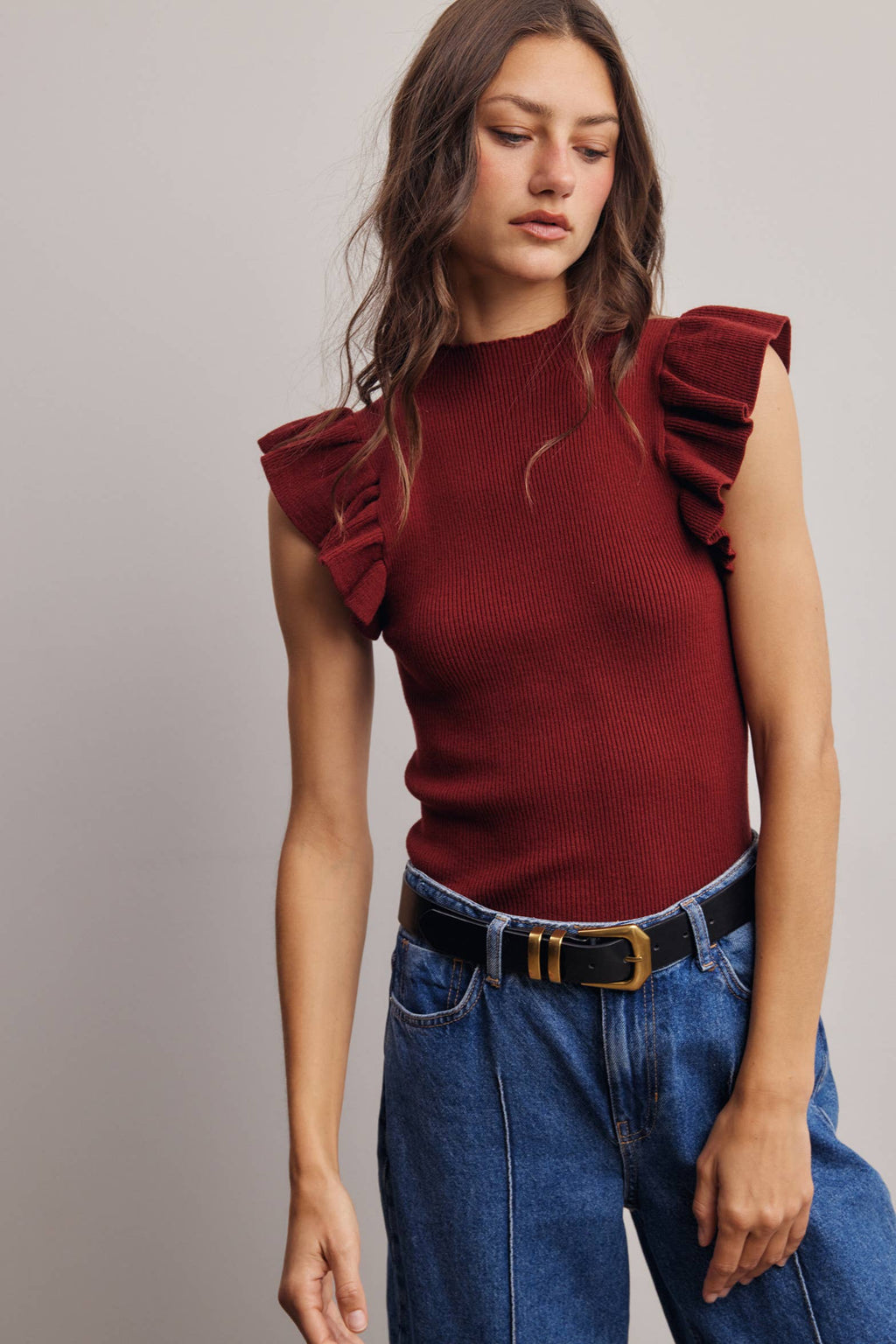 Ruffle Sleeve Rib Knit Top