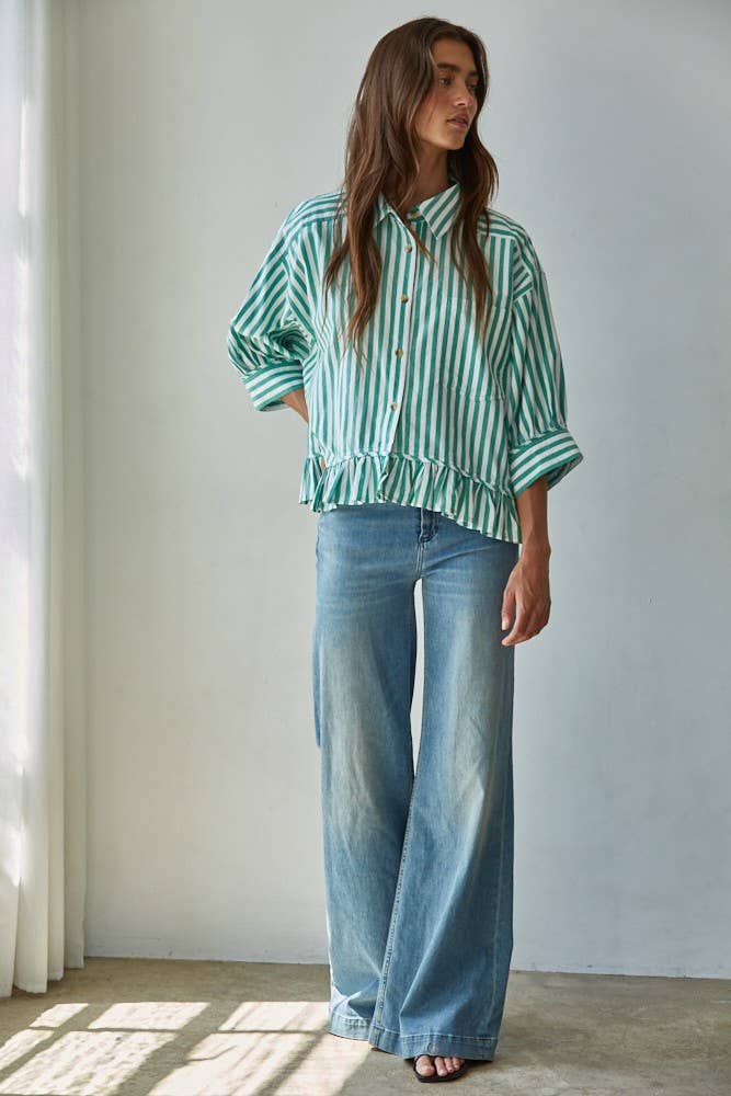 Kristy Woven Cotton Striped Button Down Shirt Top