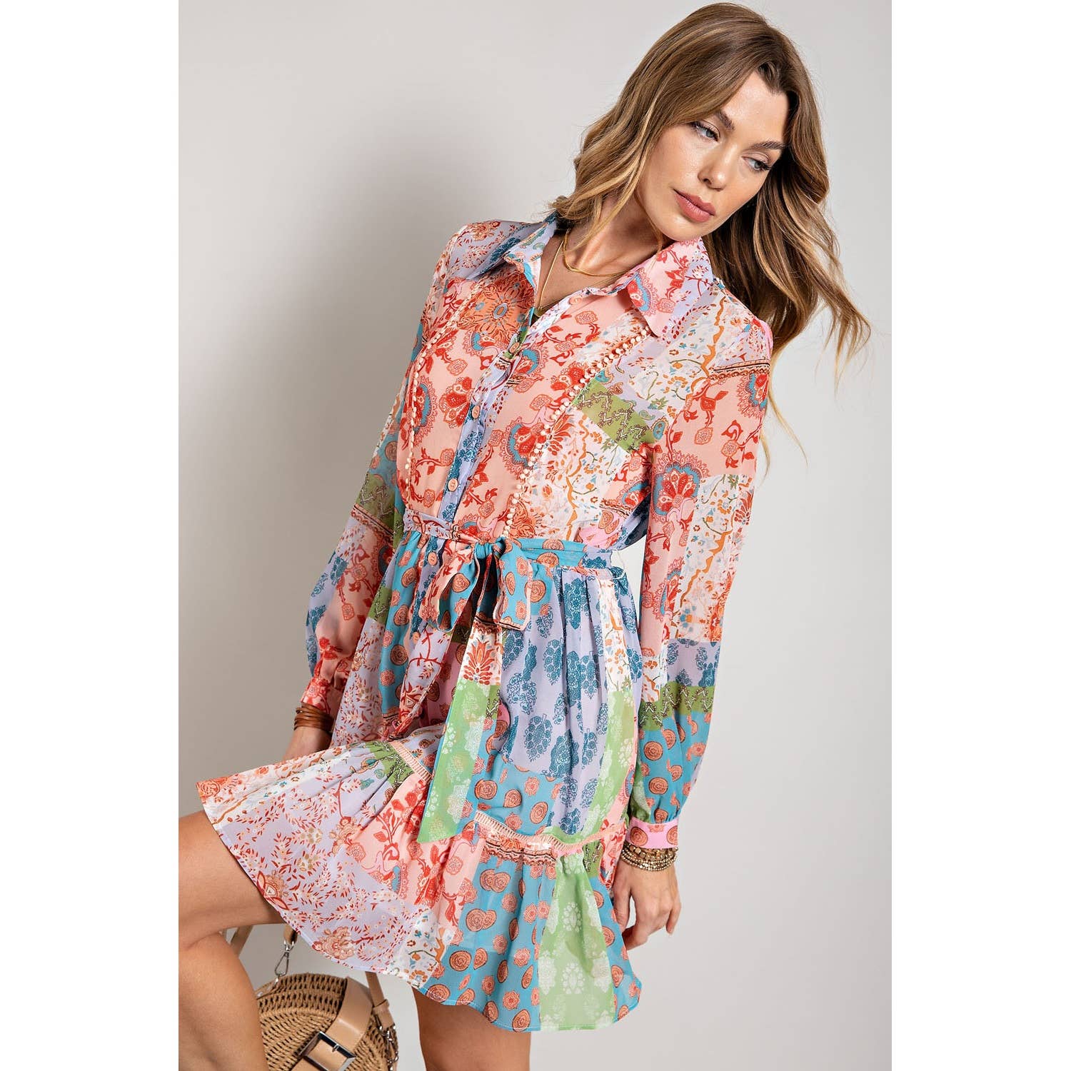FLOWER PRINT LONG SLEEVE SHIRT DRESS