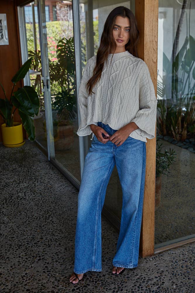 Sarah Knit Cable Sweater Cotton 3/4 Sleeve Pullover