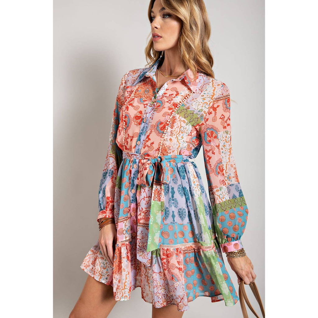 FLOWER PRINT LONG SLEEVE SHIRT DRESS
