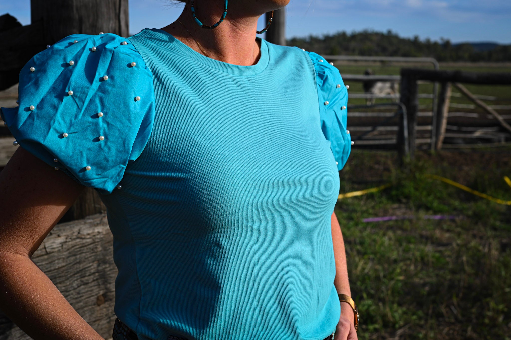 Bailey Pearl Puff Sleeve - Turquoise