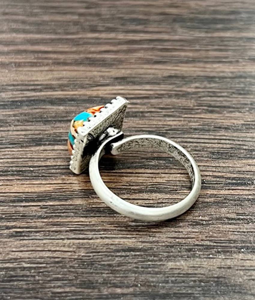 10mm Square Gemstone, Brass Adjustable Ring