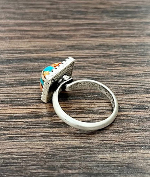 10mm Square Gemstone, Brass Adjustable Ring