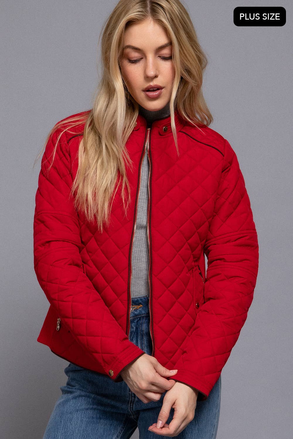 Curvy Girls Suede Piping Detail Rib Quilted Padding Jacket
