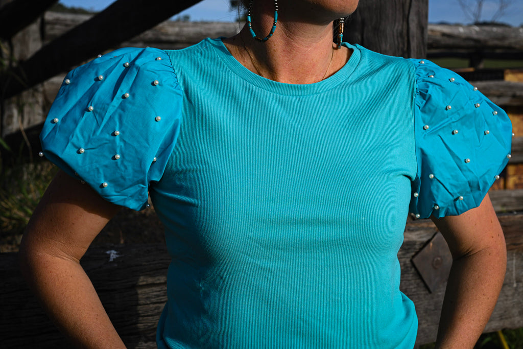 Bailey Pearl Puff Sleeve - Turquoise
