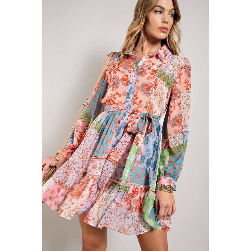 FLOWER PRINT LONG SLEEVE SHIRT DRESS