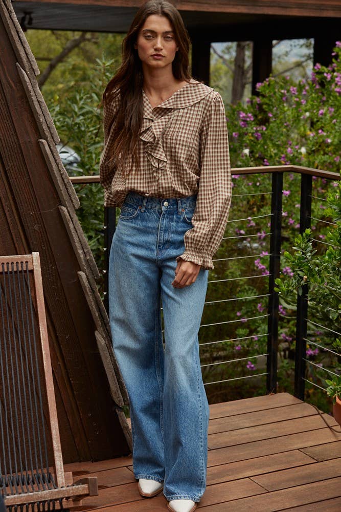 Lana Woven Cotton Gingham Ruffled Blouse