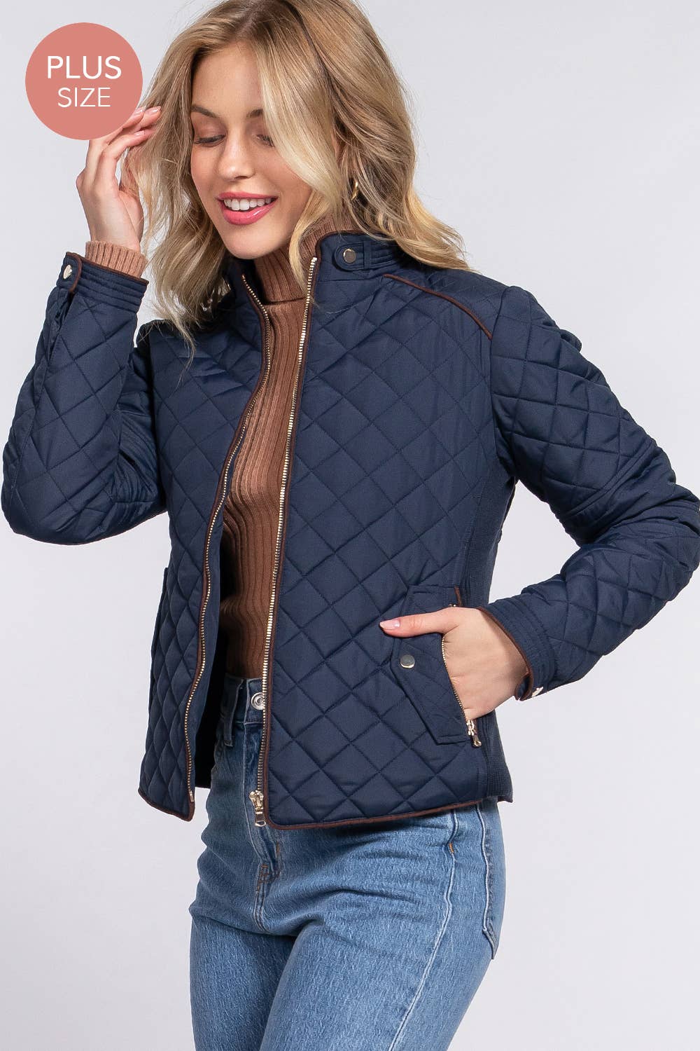 Curvy Girls Suede Piping Detail Rib Quilted Padding Jacket