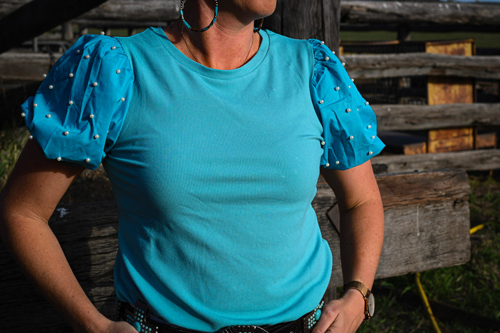 Bailey Pearl Puff Sleeve - Turquoise