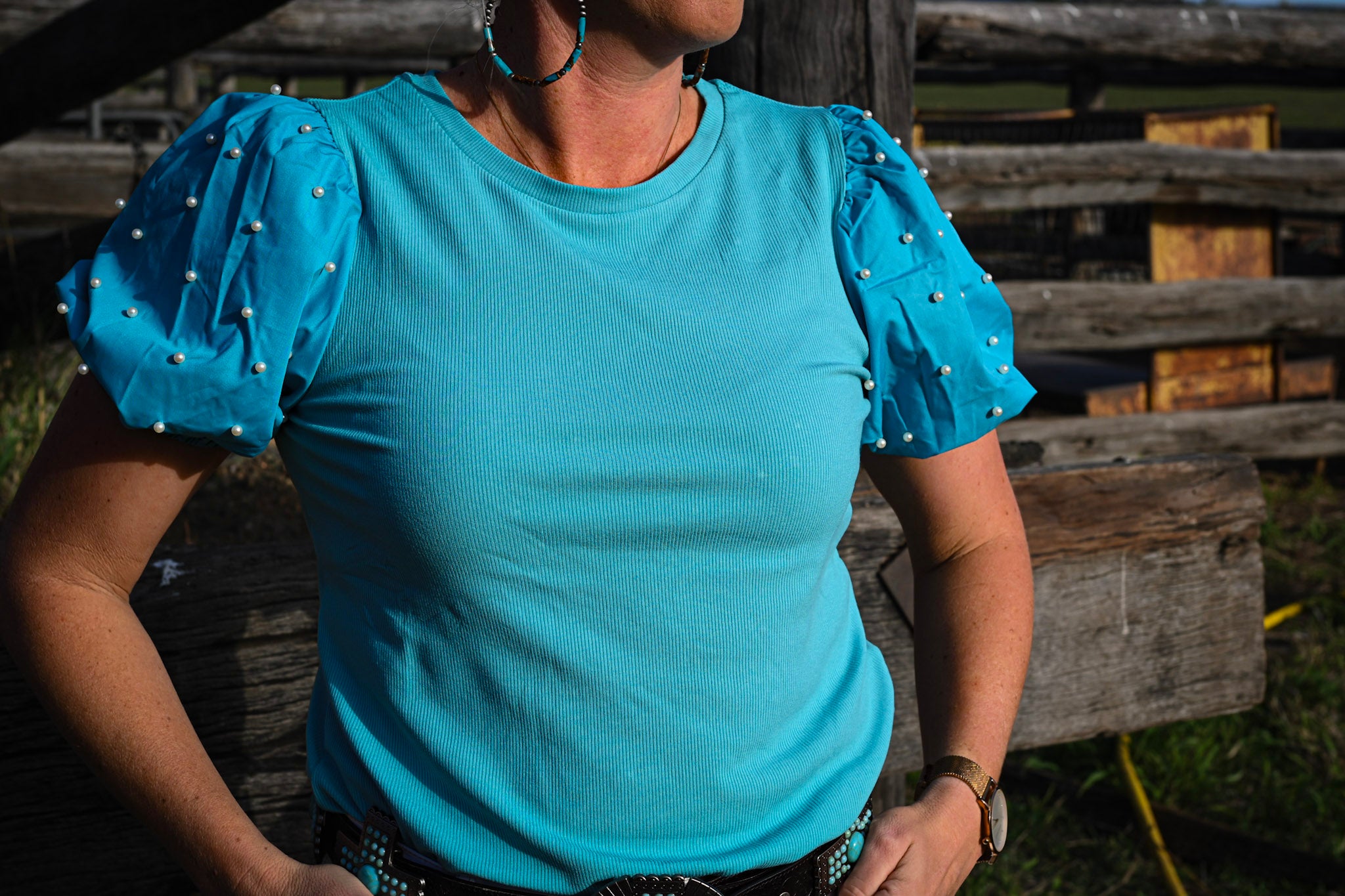 Bailey Pearl Puff Sleeve - Turquoise