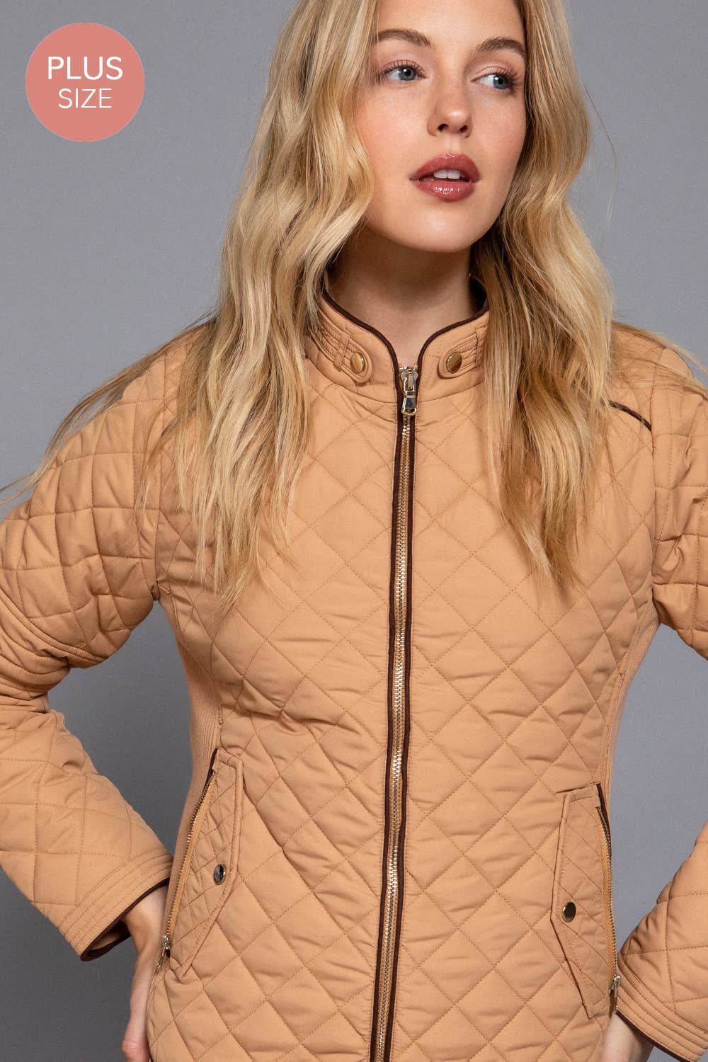 Curvy Girls Suede Piping Detail Rib Quilted Padding Jacket