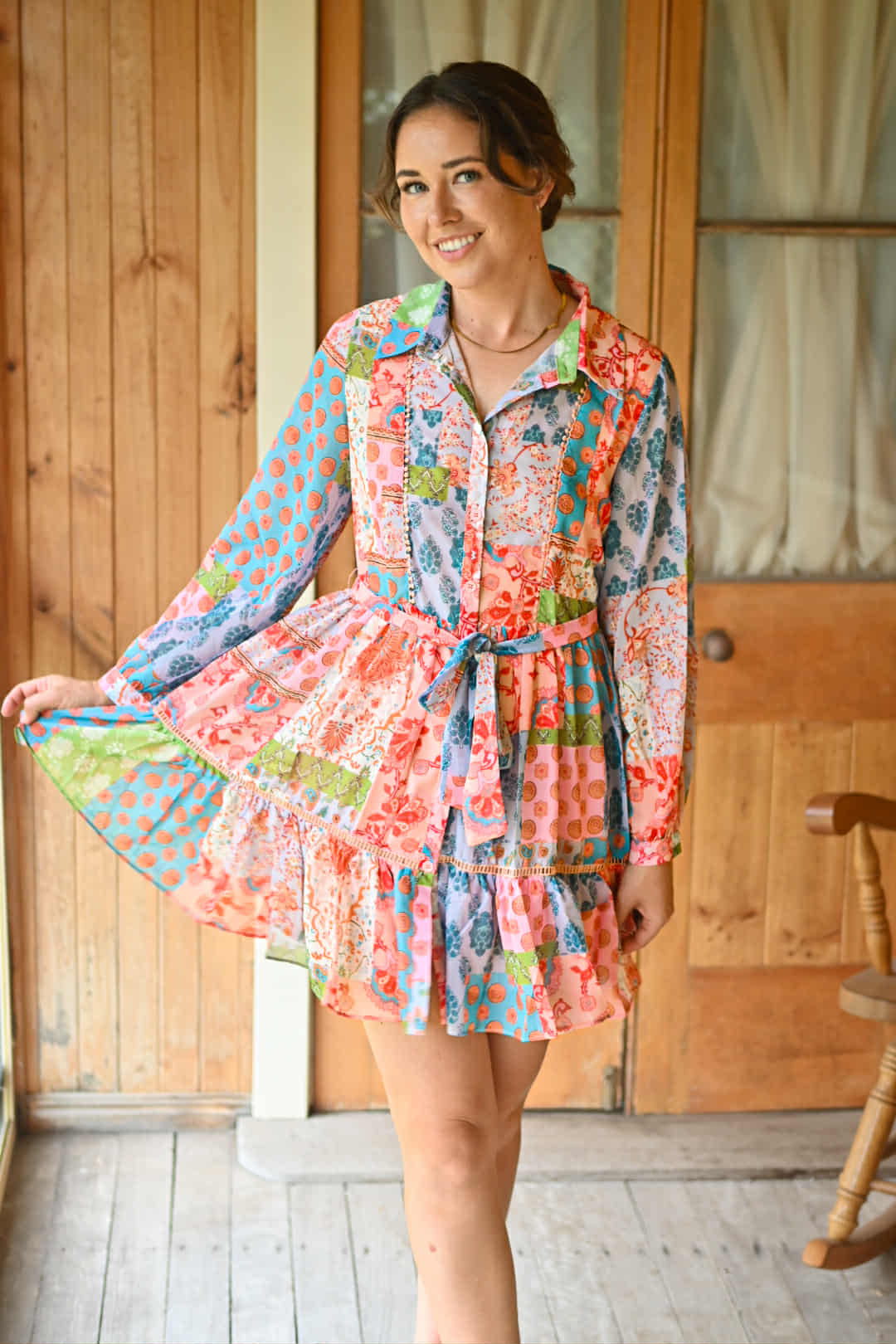 FLOWER PRINT LONG SLEEVE SHIRT DRESS