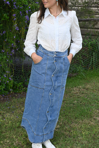 Wavy  Denim Maxi Skirt