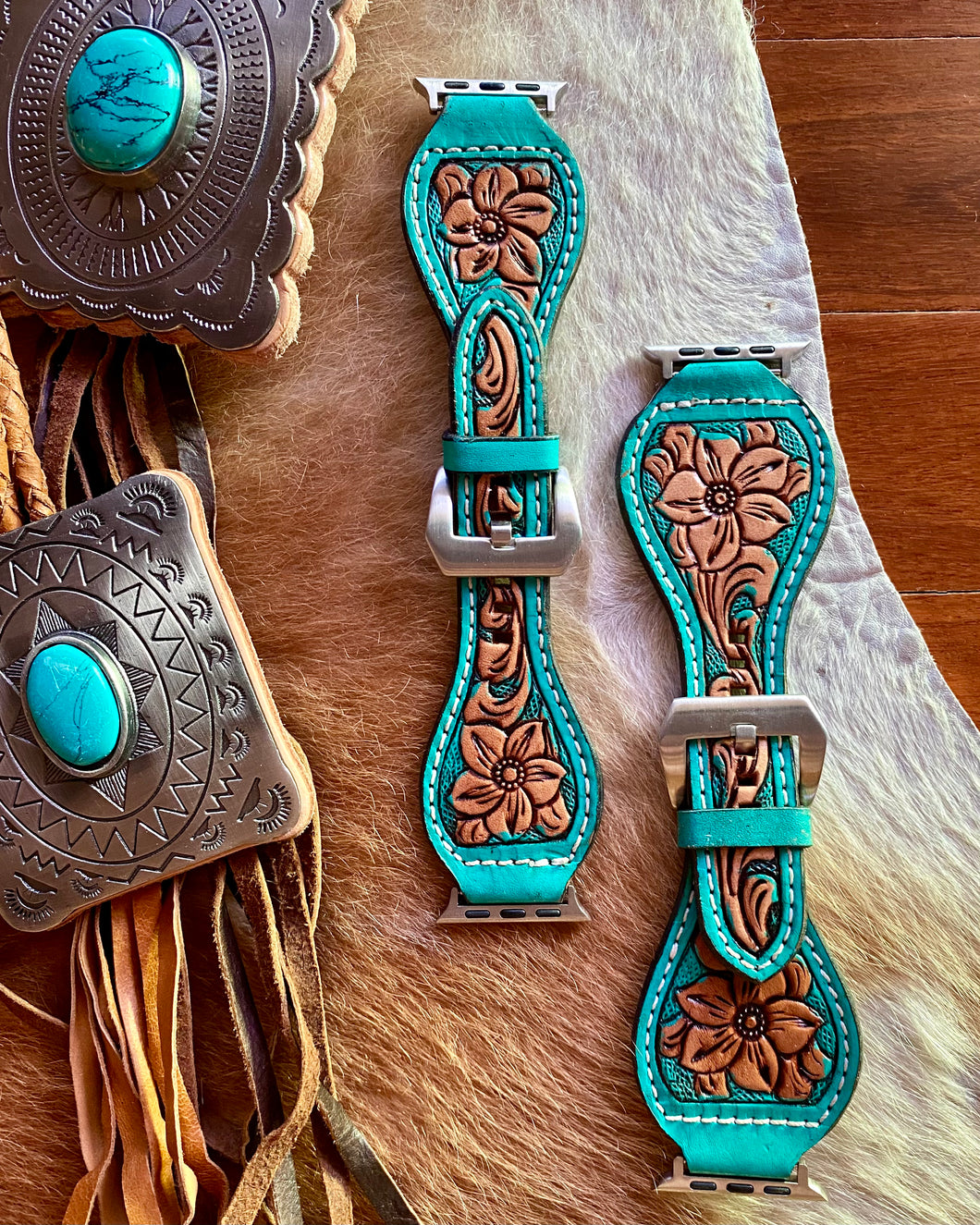 Tooled Turquoise Floral Watch Band