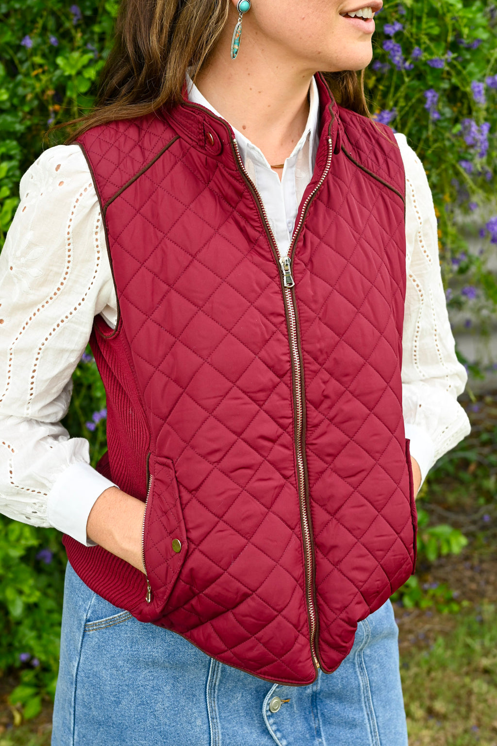 Suede Piping Quilted Padding Vest