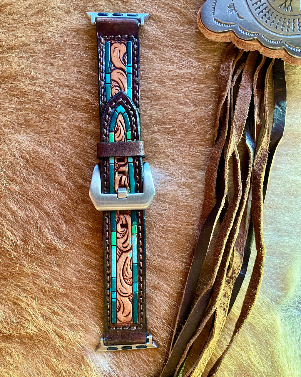 Tooled Leather Watch Band with Turquoise Painted Edge