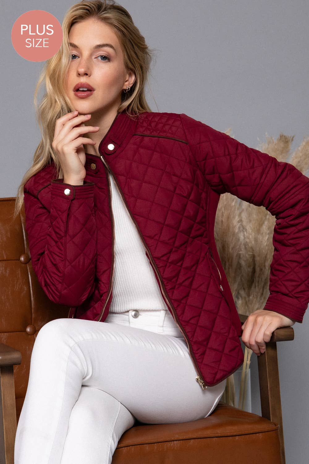 Curvy Girls Suede Piping Detail Rib Quilted Padding Jacket
