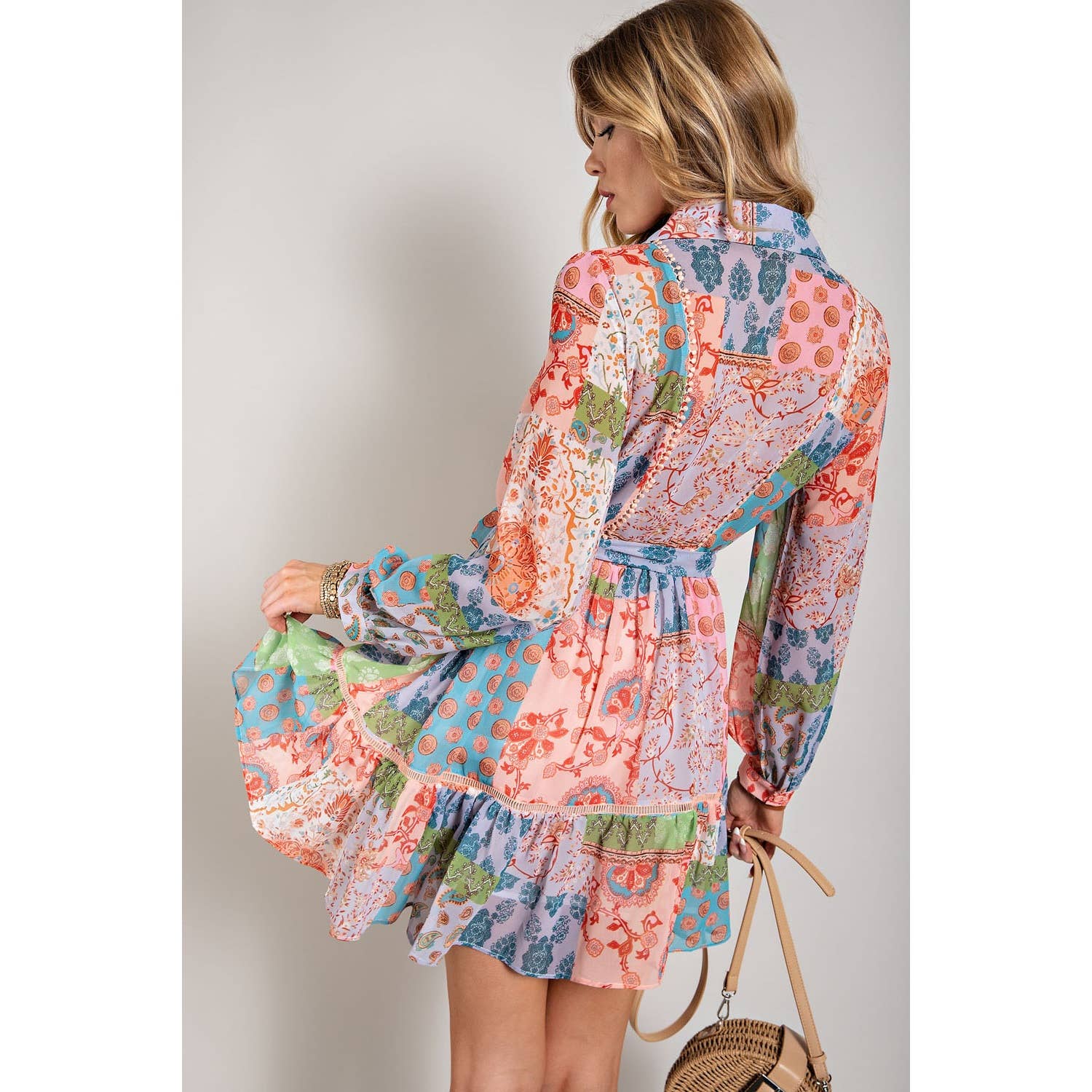 FLOWER PRINT LONG SLEEVE SHIRT DRESS