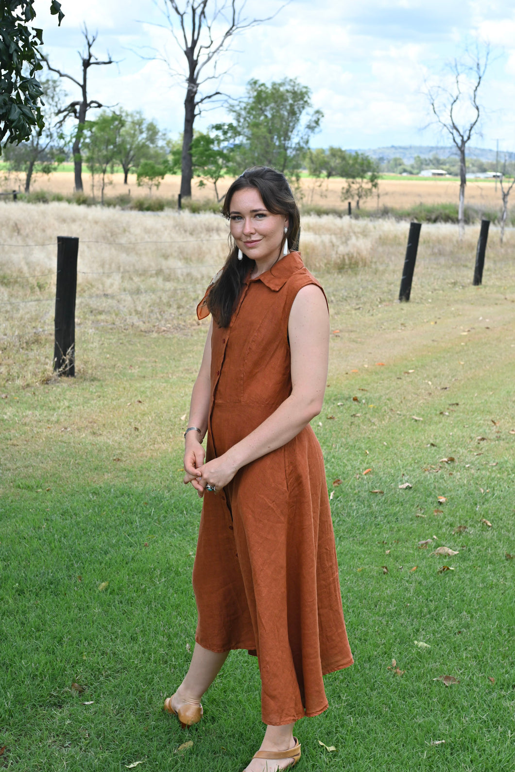 Rust Linen Button Up Dress