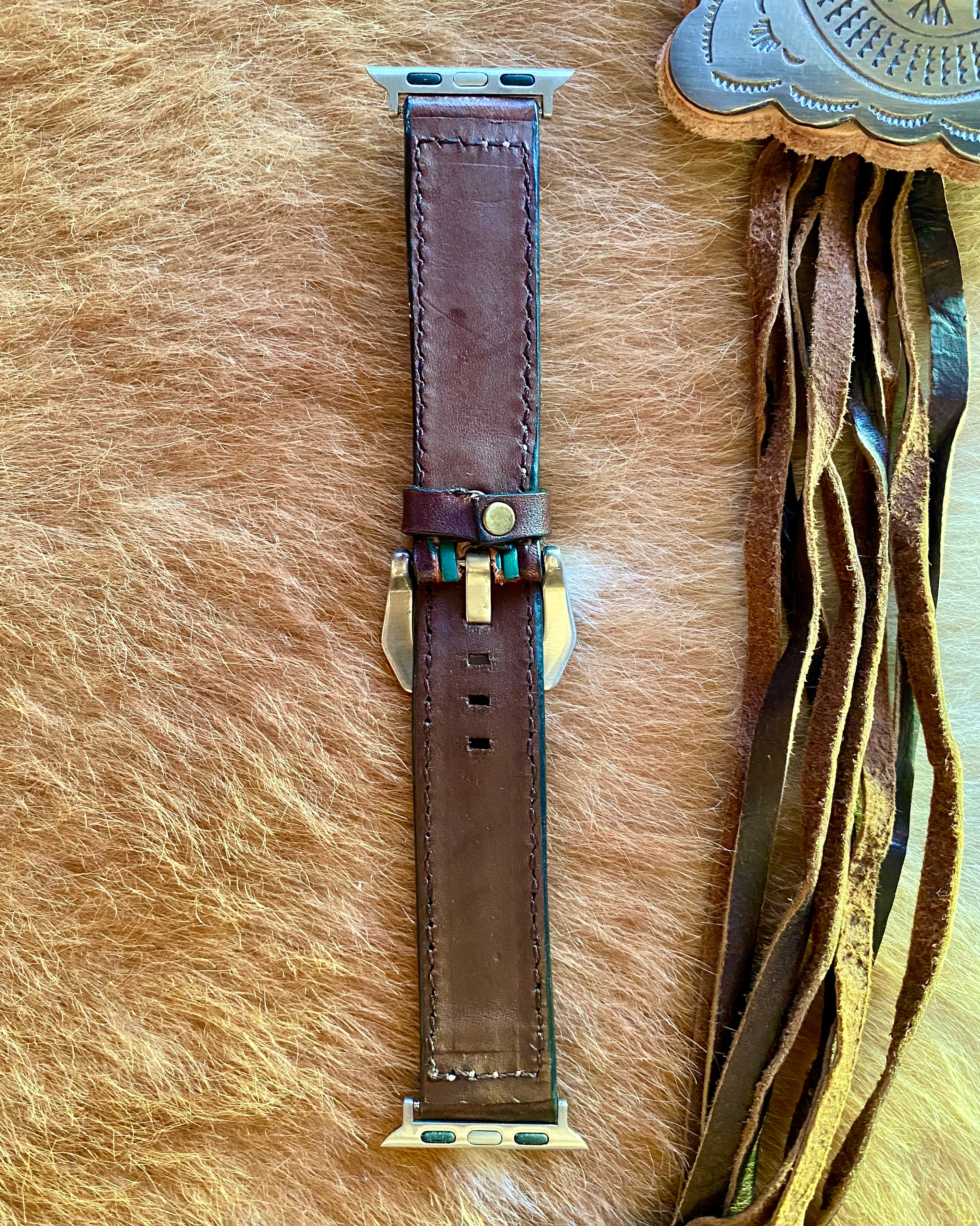 Tooled Leather Watch Band with Turquoise Painted Edge