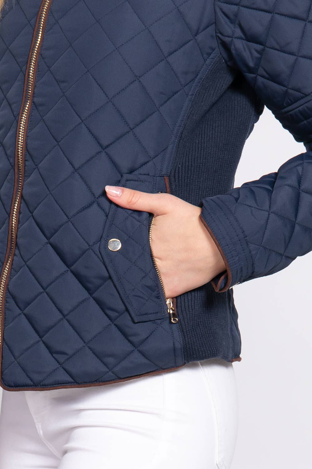 Curvy Girls Suede Piping Detail Rib Quilted Padding Jacket