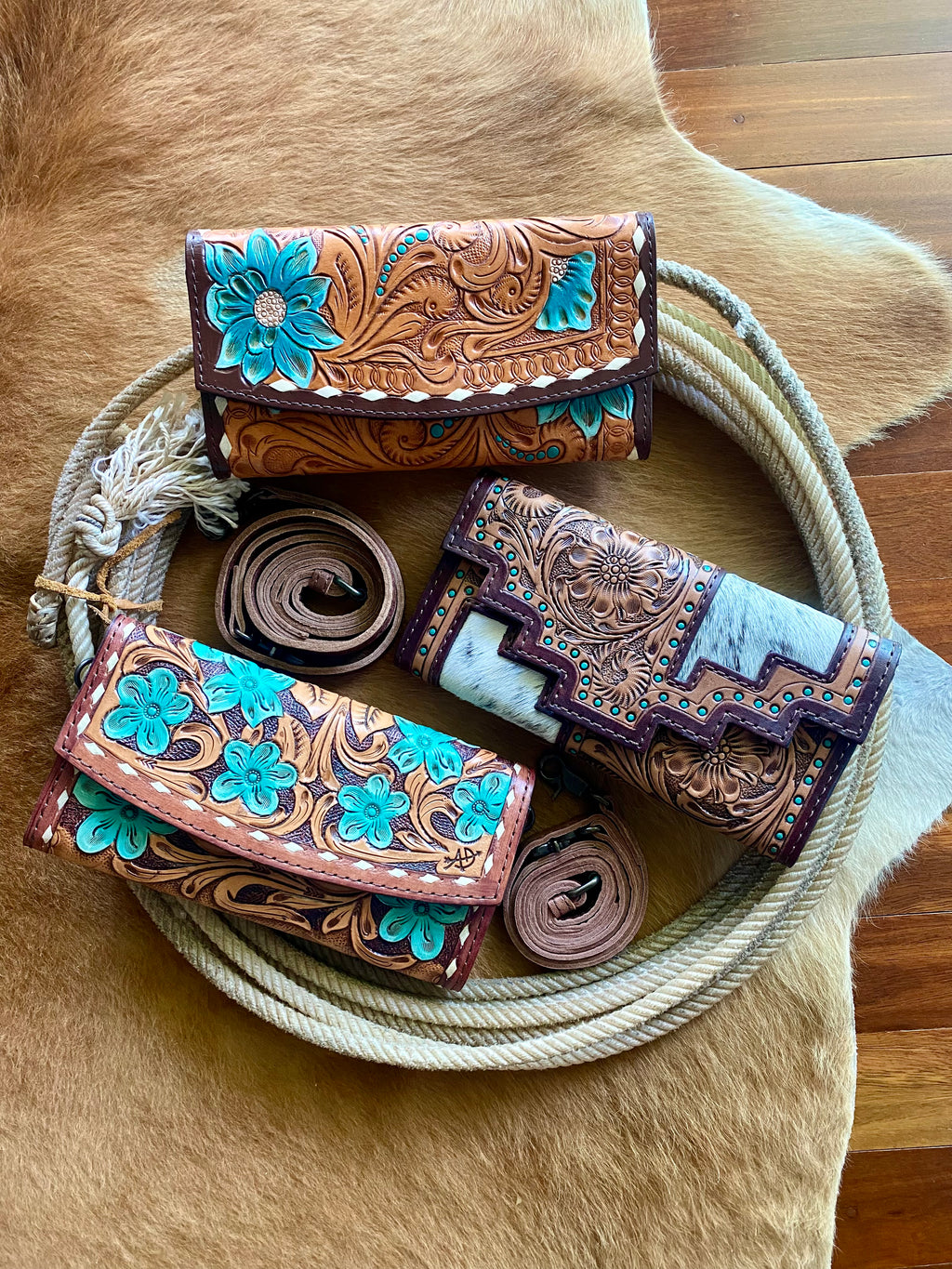 Floral Tooled Leather Cross Body / Wallet / Clutch