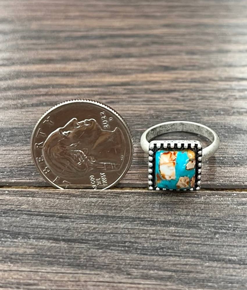 10mm Square Gemstone, Brass Adjustable Ring