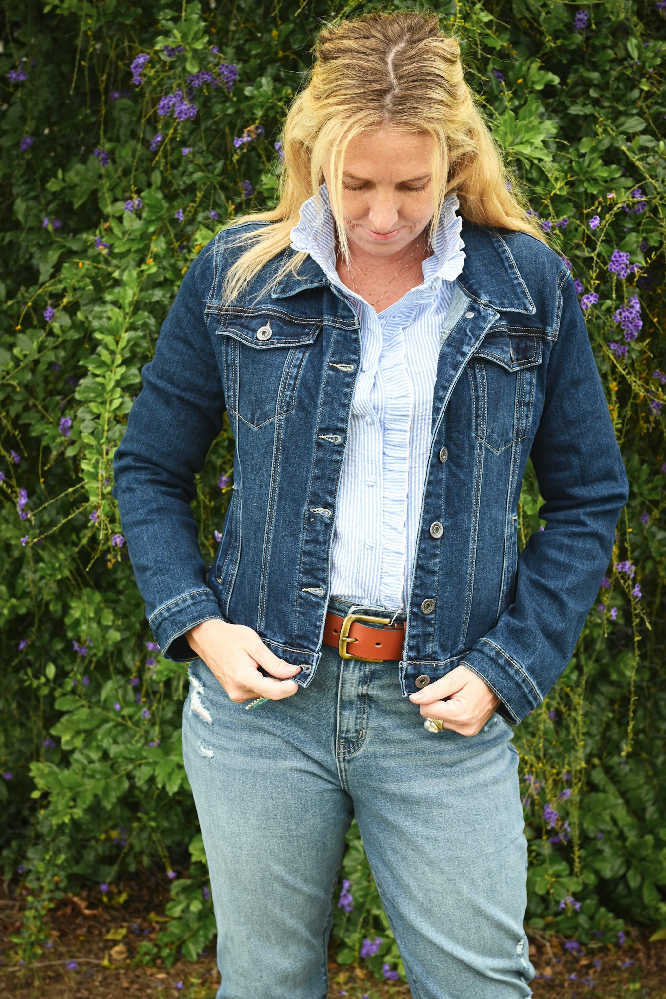 Embroided back denim jacket in dark blue
