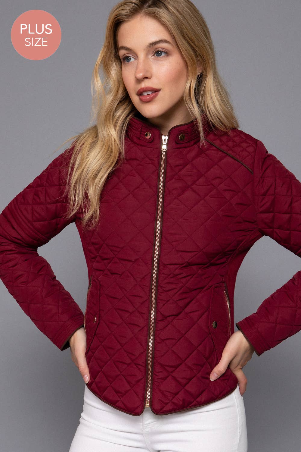 Curvy Girls Suede Piping Detail Rib Quilted Padding Jacket