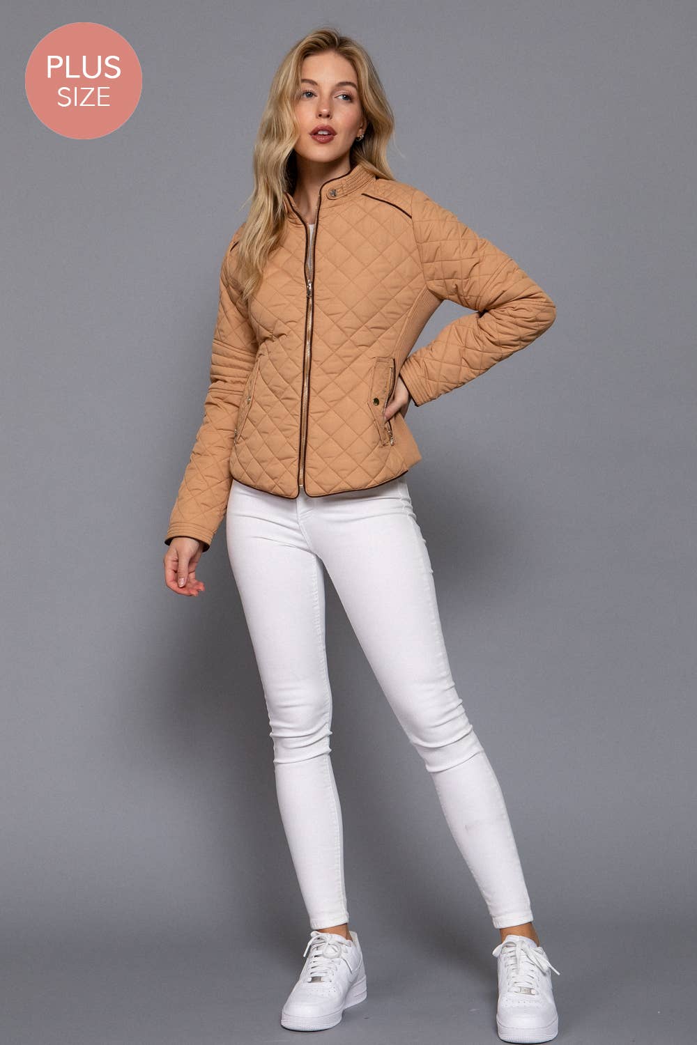 Curvy Girls Suede Piping Detail Rib Quilted Padding Jacket