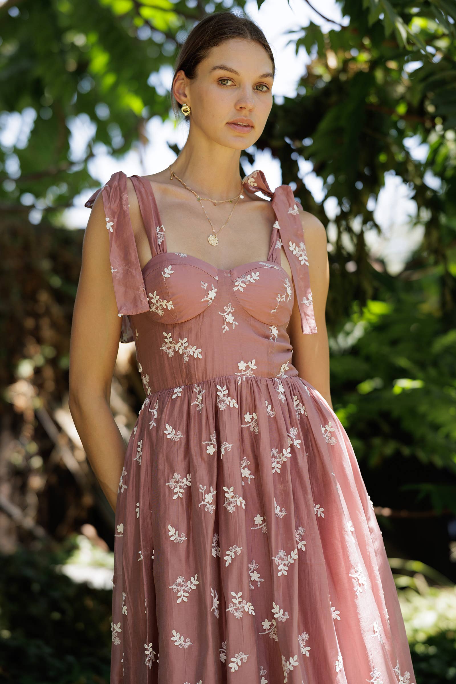 Mary Embroidered Tie-Shoulder Midi Dress