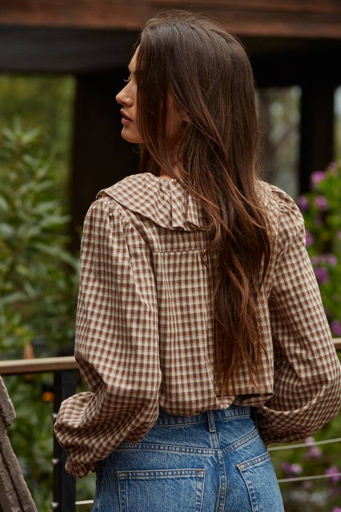 Lana Woven Cotton Gingham Ruffled Blouse