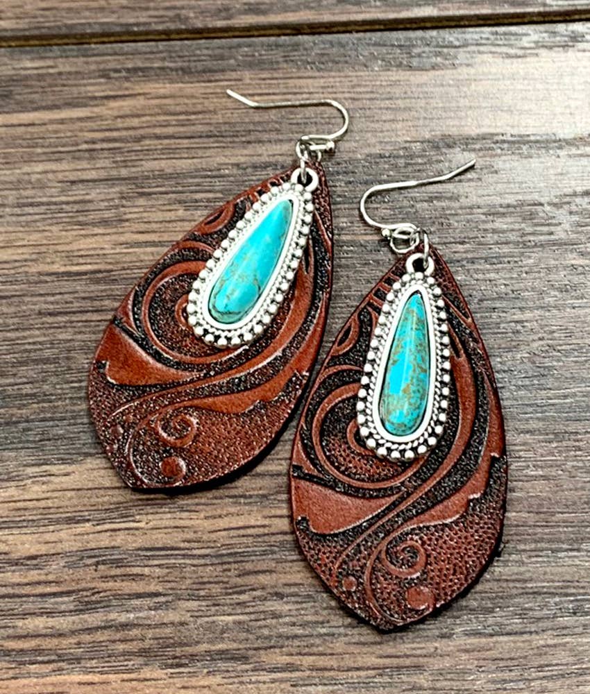 Tooling Leather Turquoise Earrings