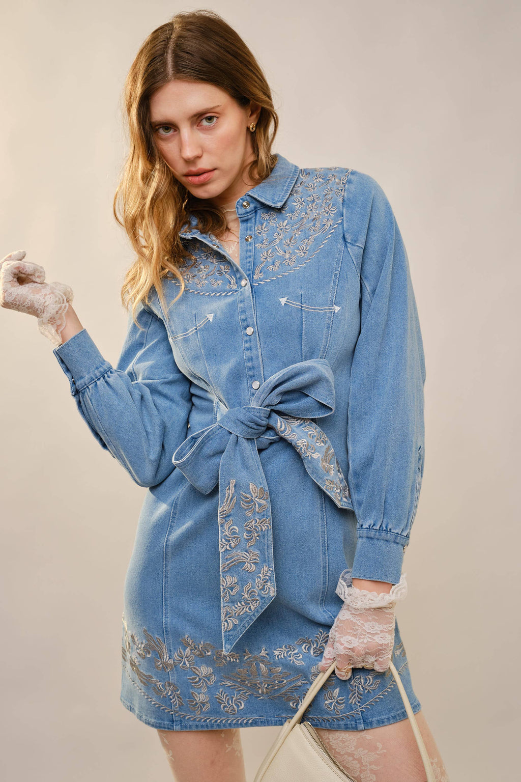 Embroidery Self Tie Denim Dress