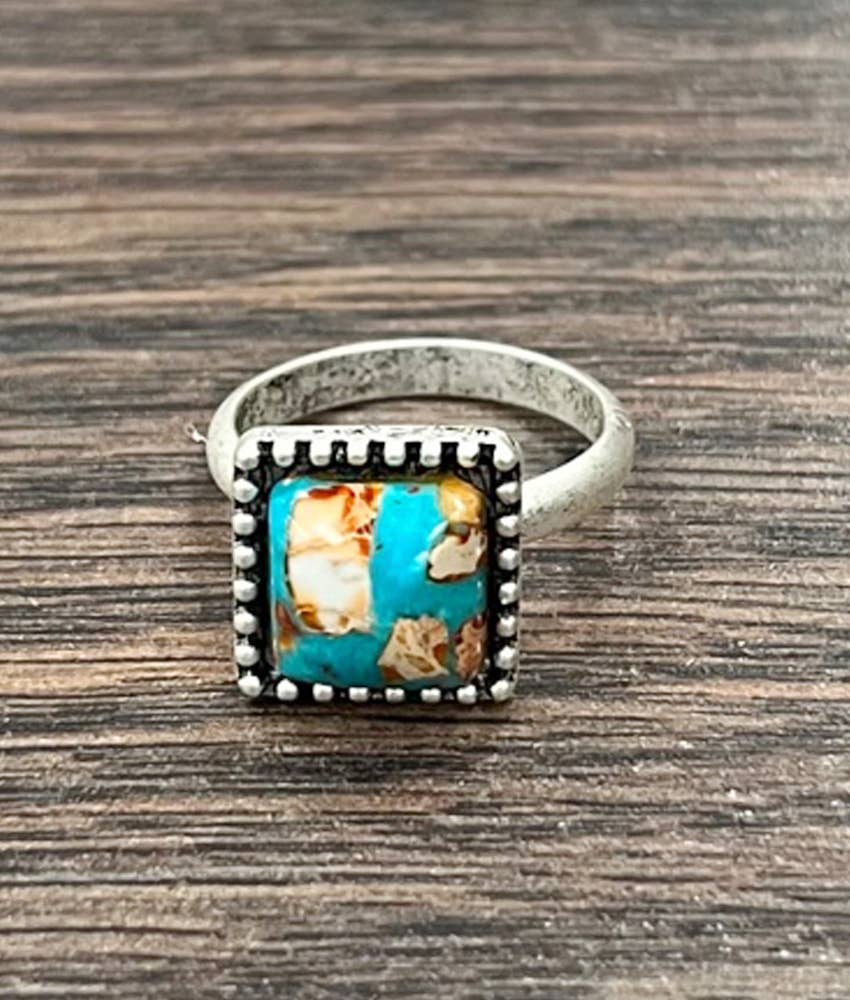 10mm Square Gemstone, Brass Adjustable Ring
