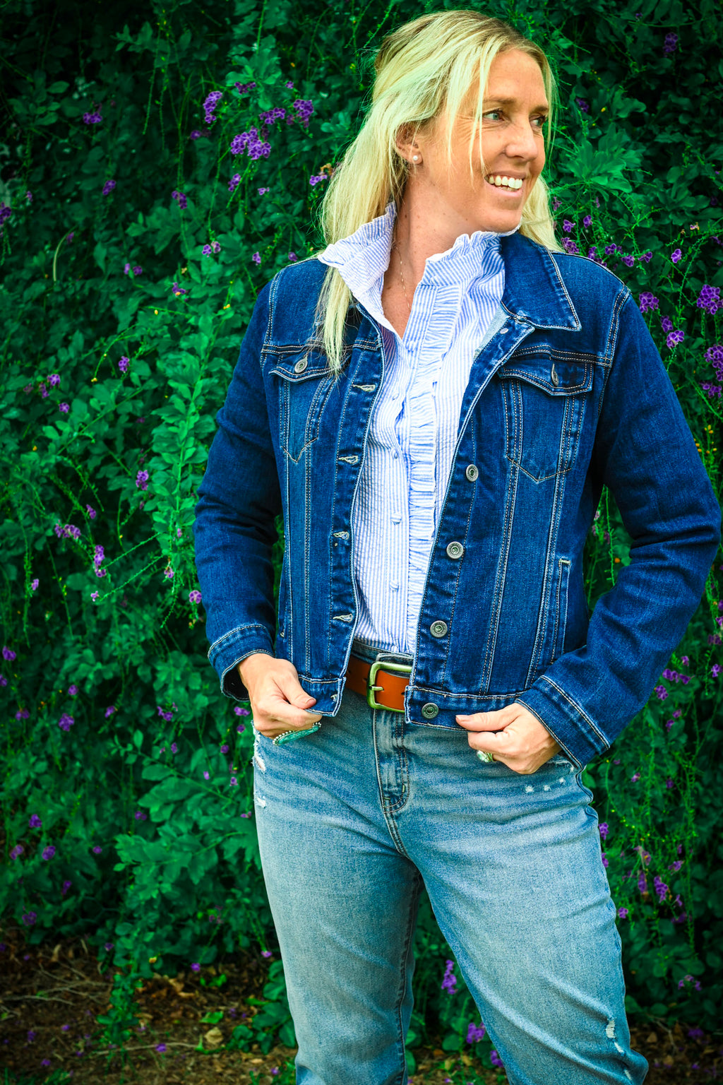 Embroided back denim jacket in dark blue