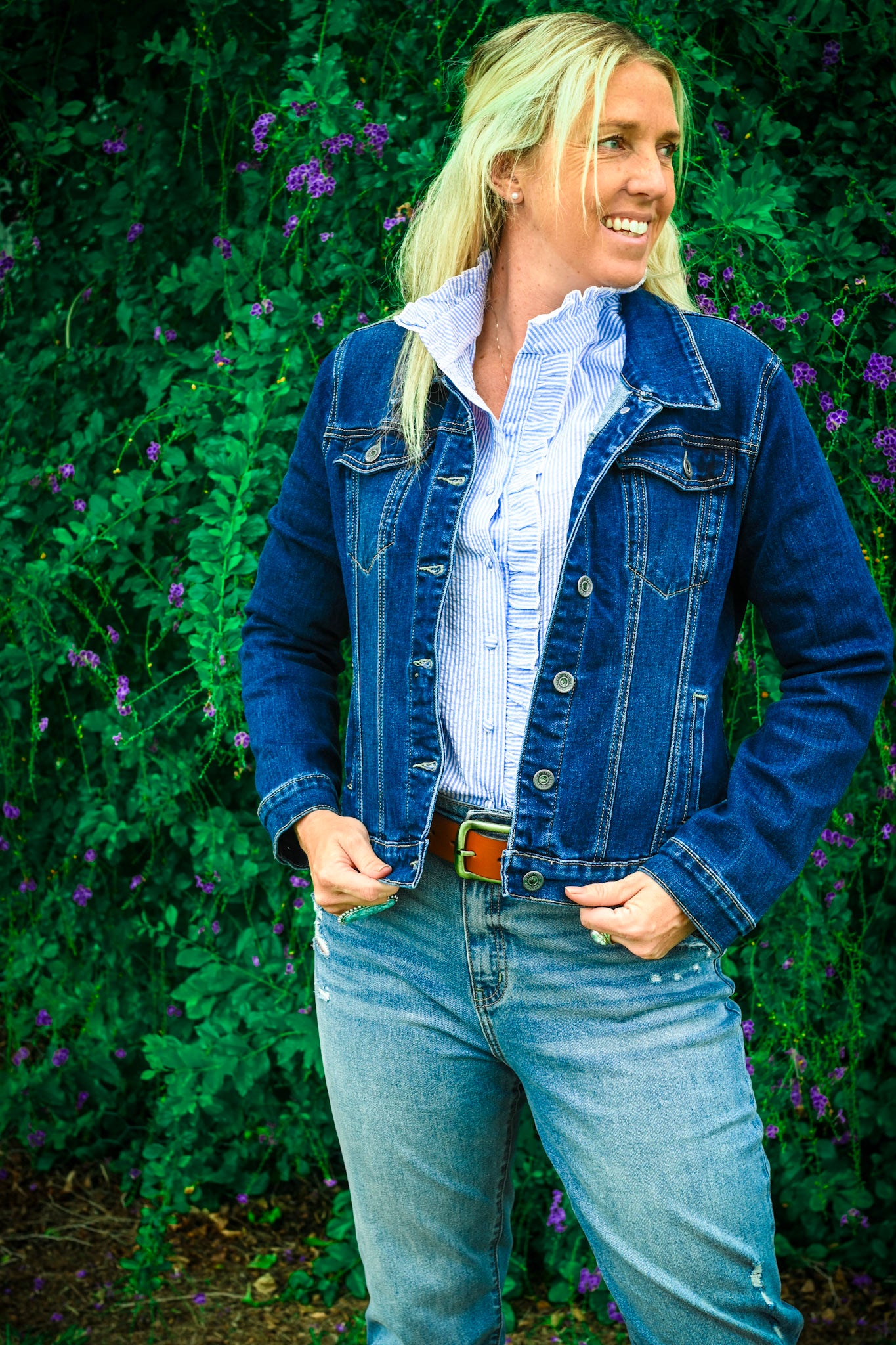Embroided back denim jacket in dark blue