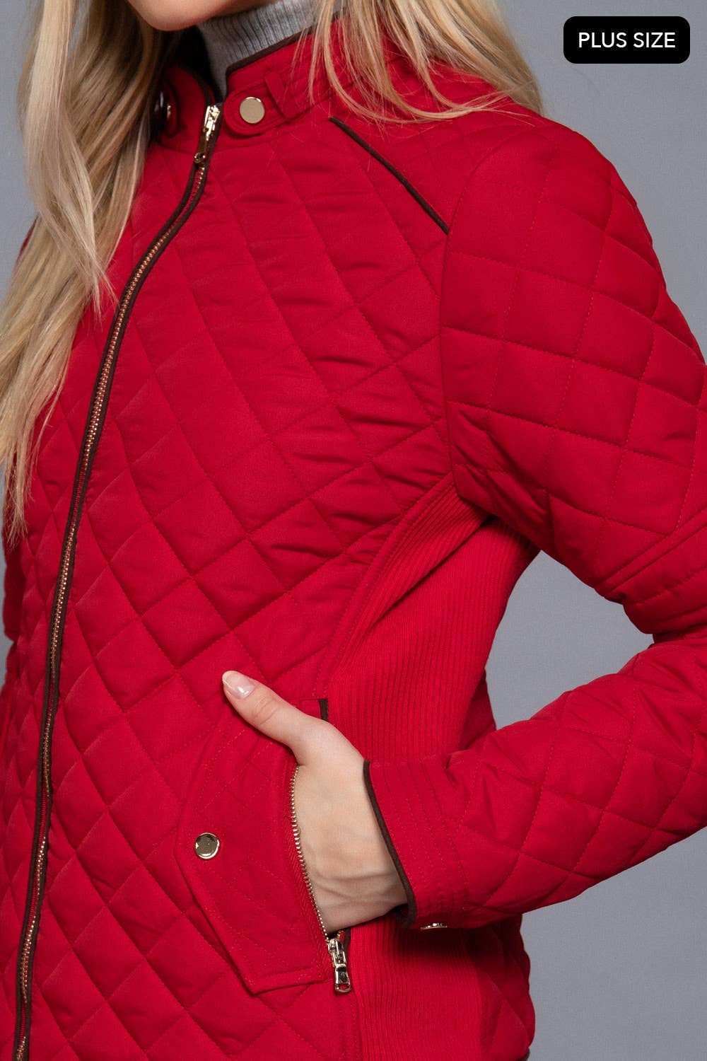 Curvy Girls Suede Piping Detail Rib Quilted Padding Jacket
