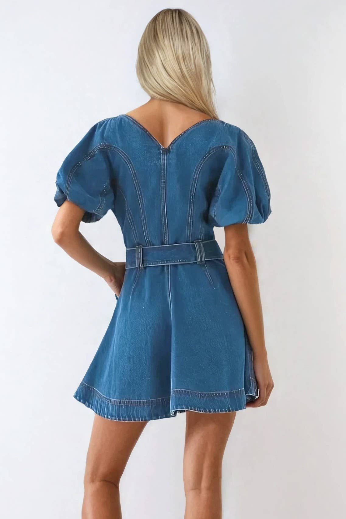 Juliette Bubble Sleeved A-Line Belted Denim Dress