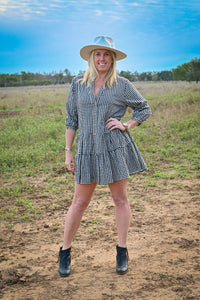 V Neck Tiered Gingham Dress