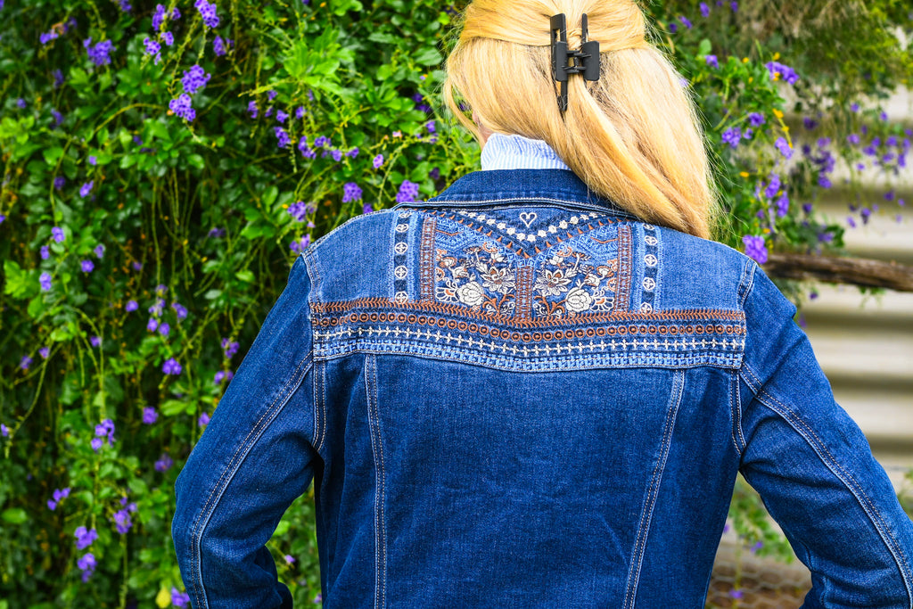 Embroided back denim jacket in dark blue