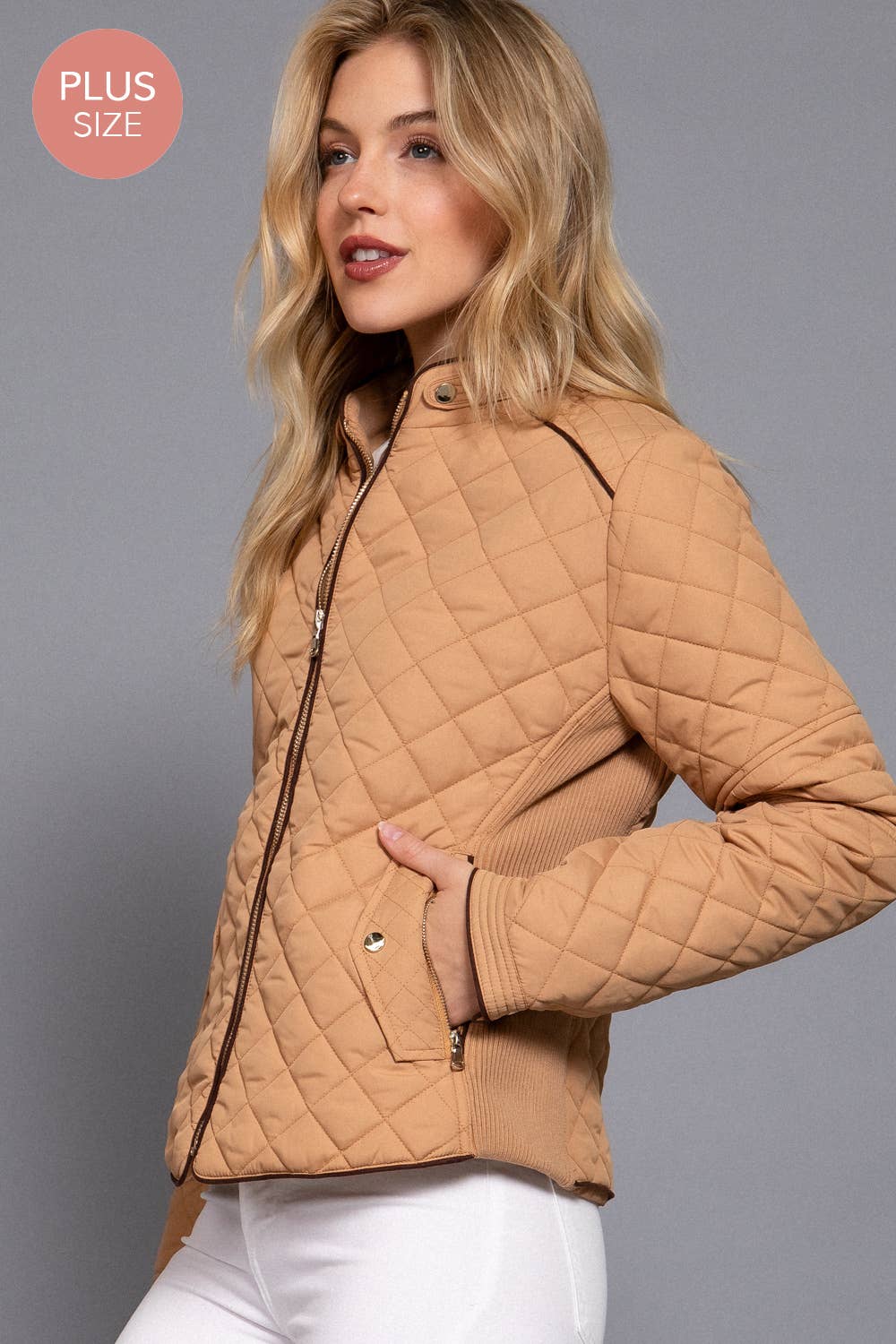 Curvy Girls Suede Piping Detail Rib Quilted Padding Jacket