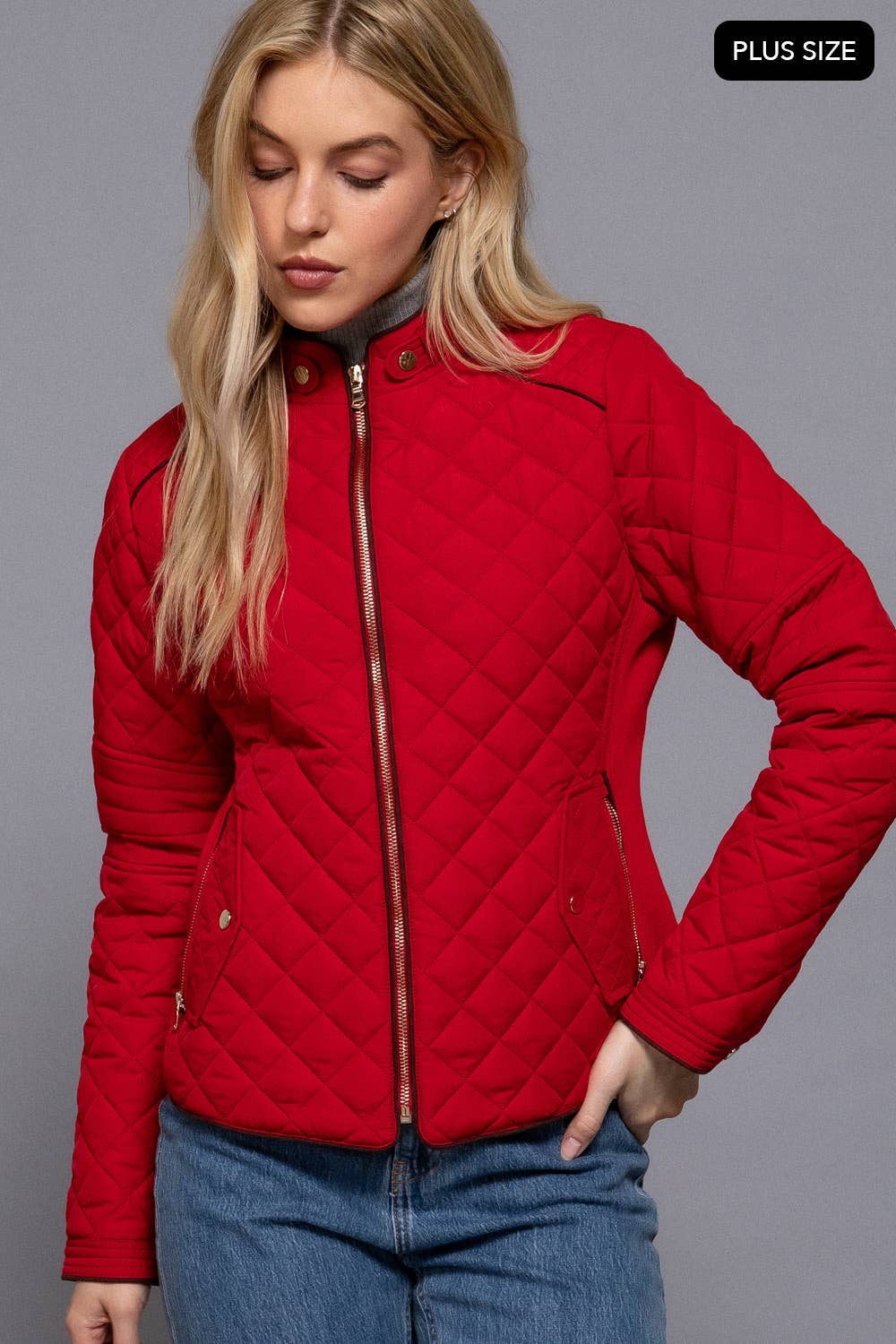 Curvy Girls Suede Piping Detail Rib Quilted Padding Jacket