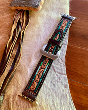 Tooled Leather Watch Band with Turquoise Painted Edge