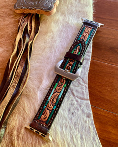 Tooled Leather Watch Band with Turquoise Painted Edge