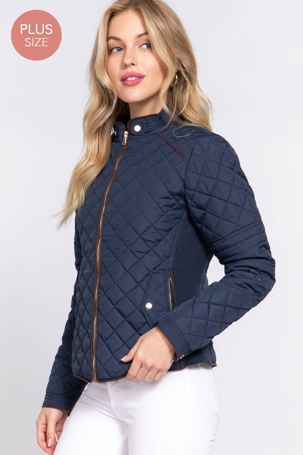 Curvy Girls Suede Piping Detail Rib Quilted Padding Jacket