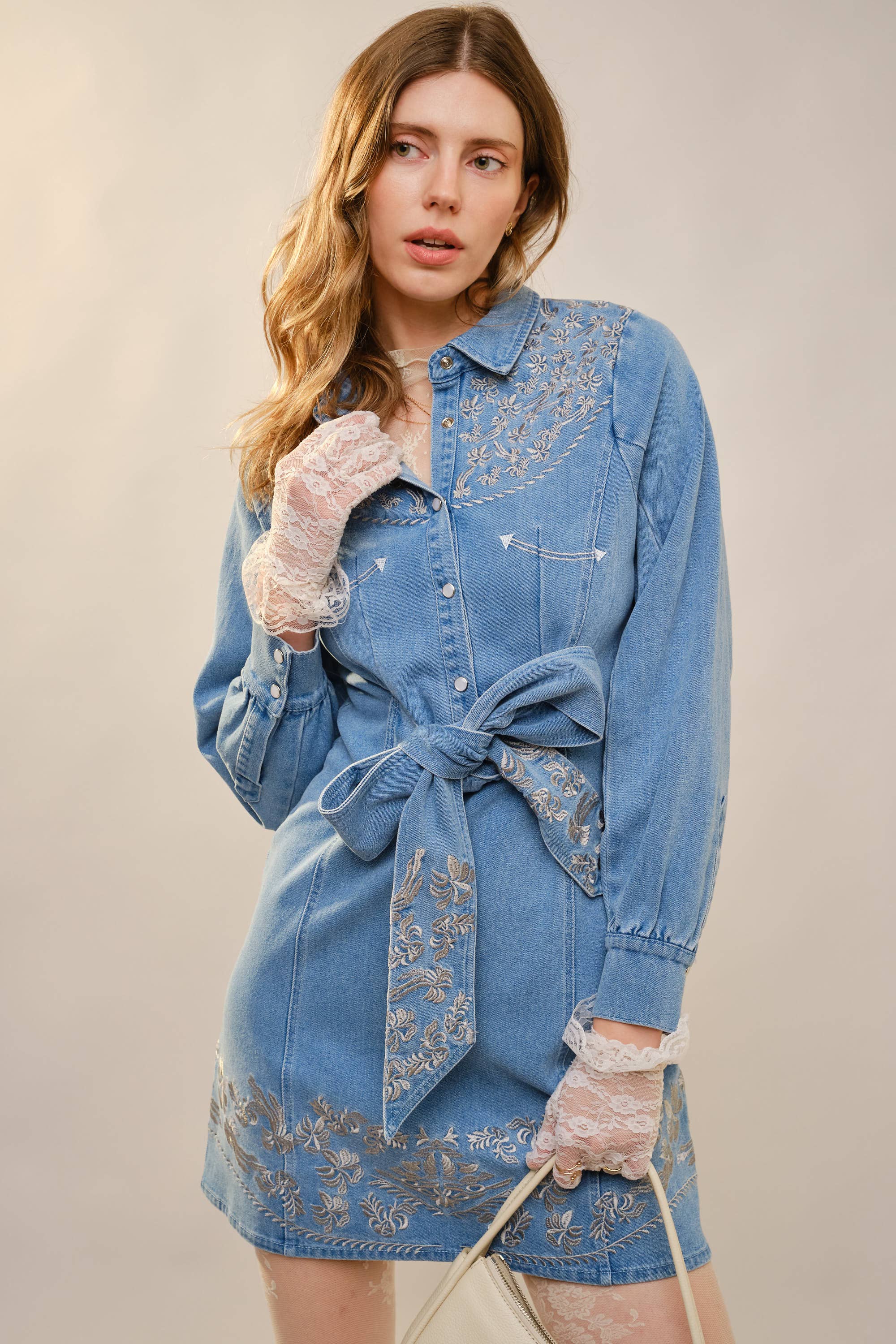 Embroidery Self Tie Denim Dress