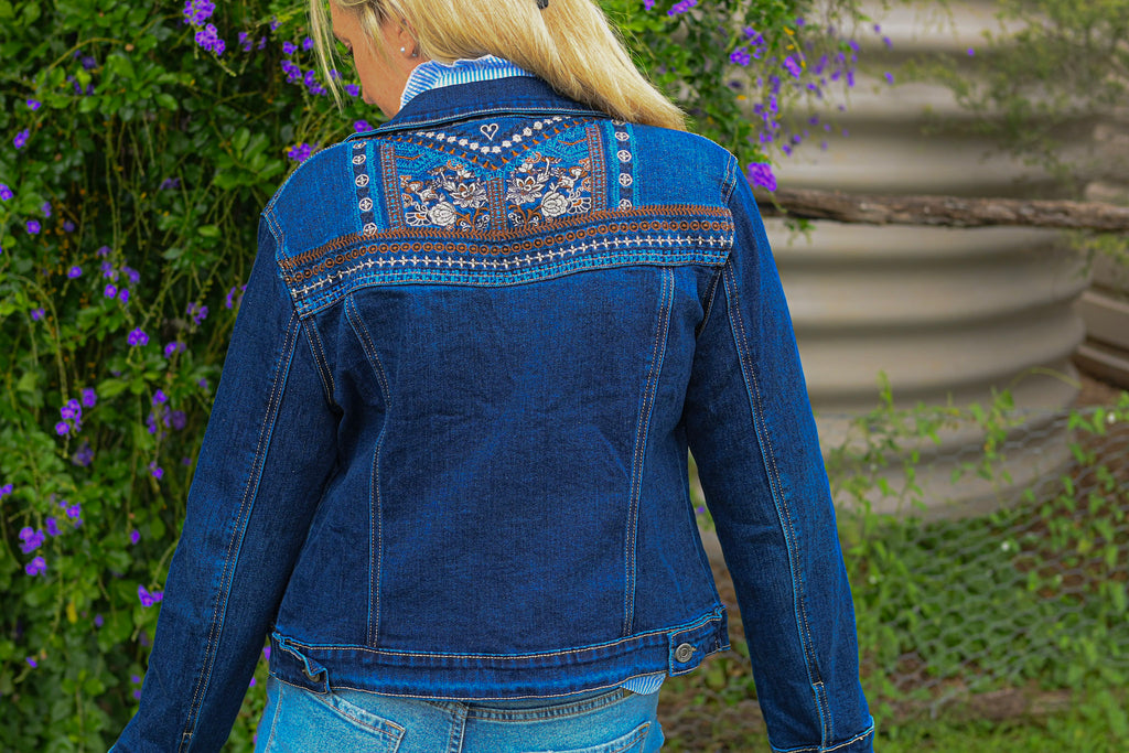 Embroided back denim jacket in dark blue