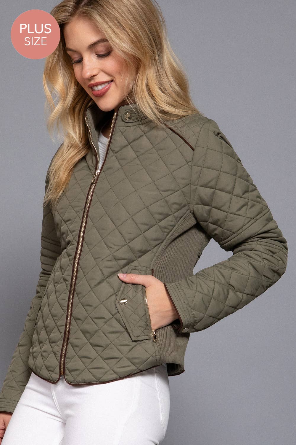 Curvy Girls Suede Piping Detail Rib Quilted Padding Jacket